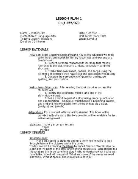 Story Parts Lesson Plan