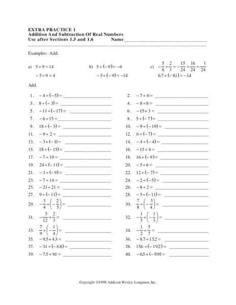Addition and Subtraction of Real Numbers Worksheet