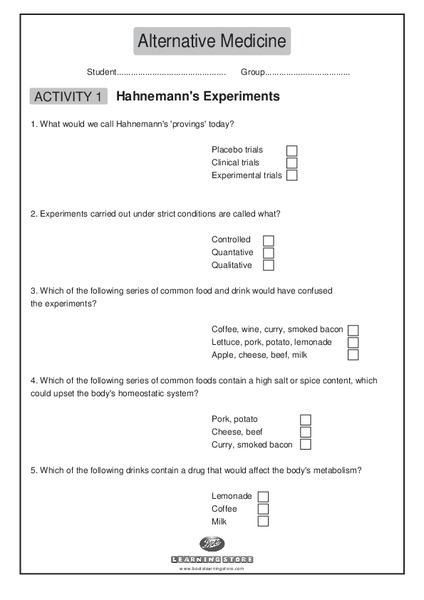 Alternative Medicine Worksheet