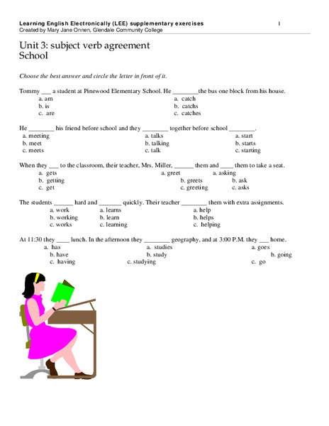 Subject Verb Agreement: School - ELL Worksheet