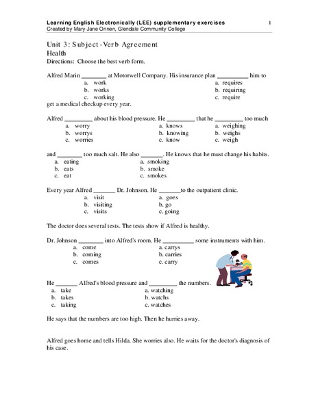 Subject Verb Agreement: Health - ELL Worksheet