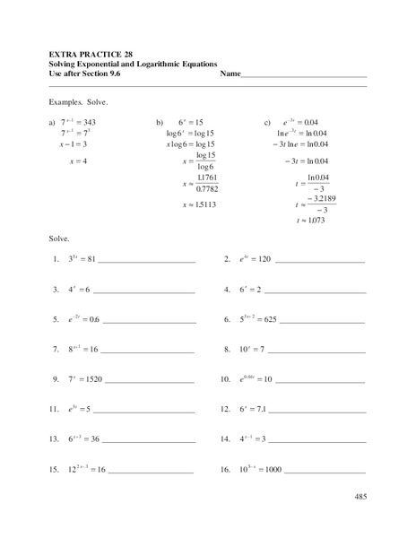 Solving Exponential and Logarithmic Equations Worksheet