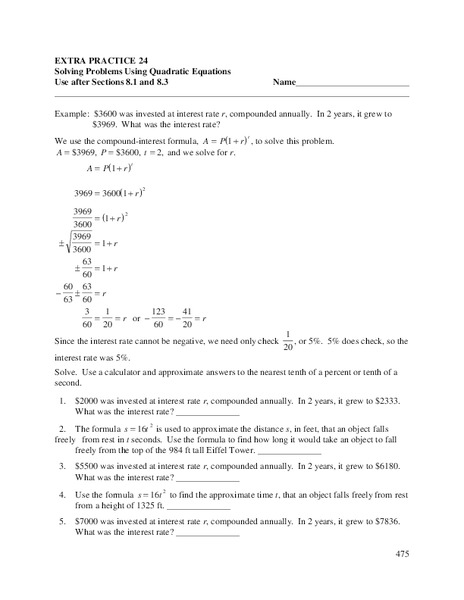 Using Quadratic Equations Worksheet