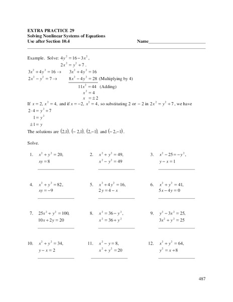 Solving Nonlinear Systems of Equations Worksheet