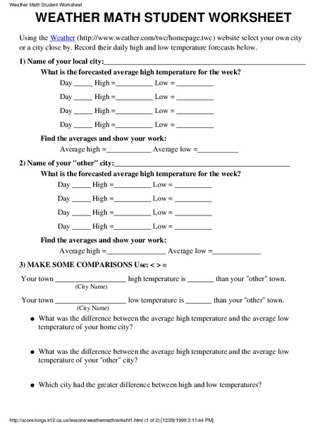 Weather Math Student Worksheet Worksheet