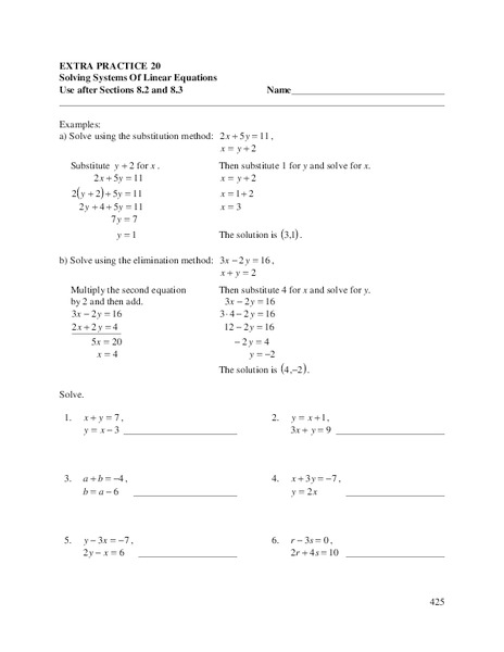 Solving Systems of Linear Equations Worksheet