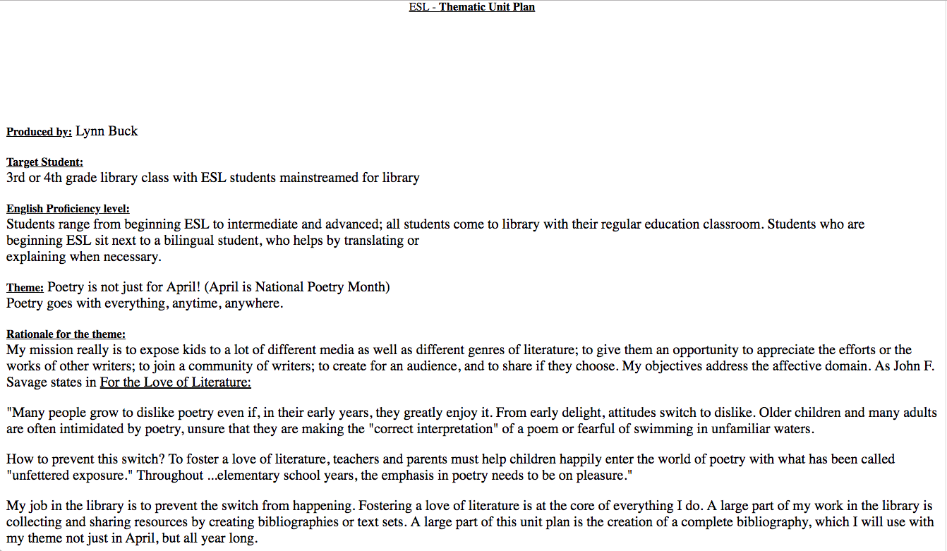 ESL - Thematic Unit Plan Lesson Plan