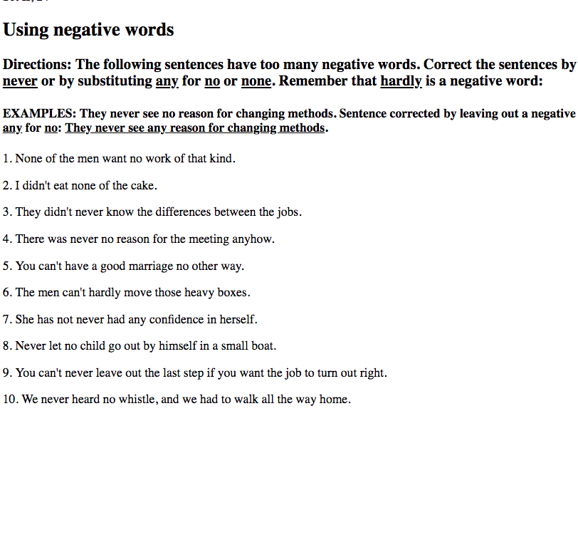 Using Negative Words Worksheet