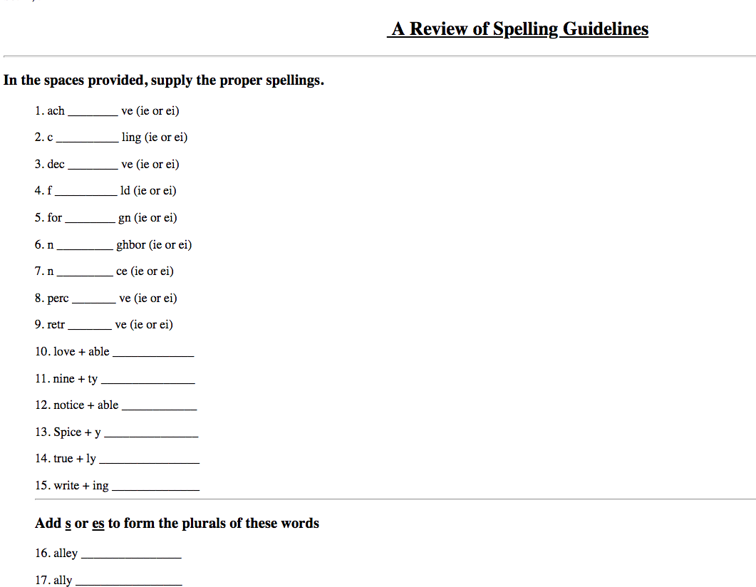A Review of Spelling Guidelines Worksheet