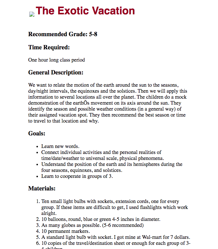 The Exotic Vacation Lesson Plan