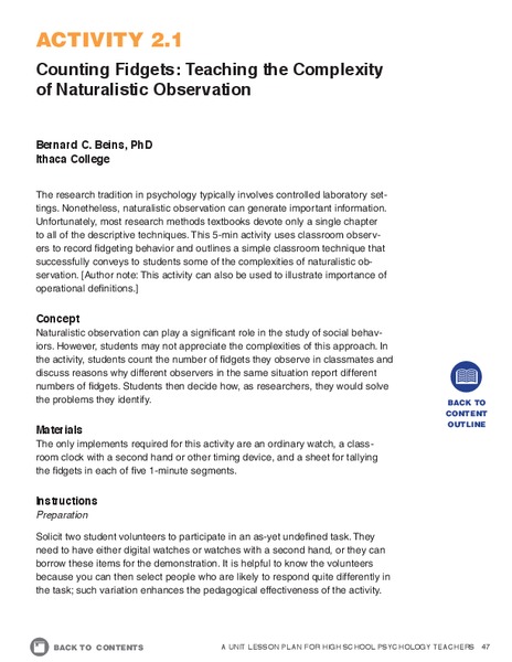 Counting Fidgets: Teaching the Complexity of Naturalistic Observation Lesson Plan