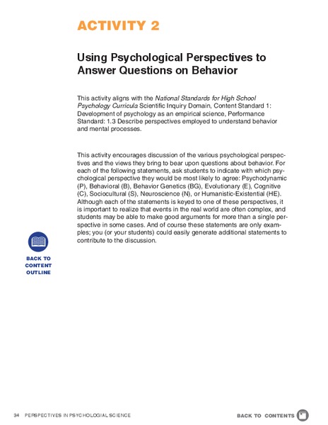 Using Psychological Perspectives to Answer Questions on Behavior Lesson Plan