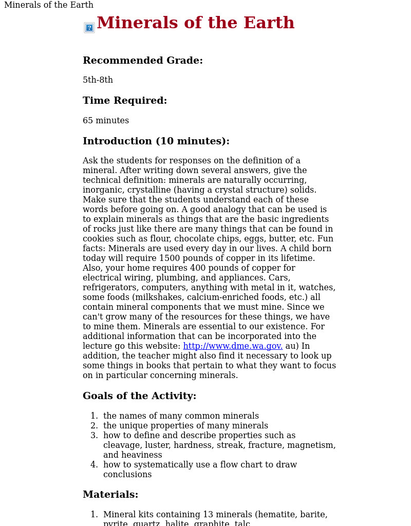 Minerals of the Earth Lesson Plan