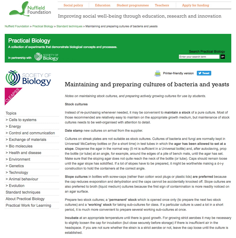 Maintaining and Preparing Cultures of Bacteria and Yeasts Activity