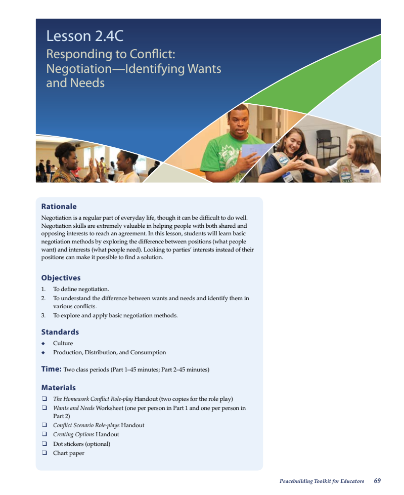 Responding to Conflict: Negotiation—Identifying Wants and Needs Lesson Plan