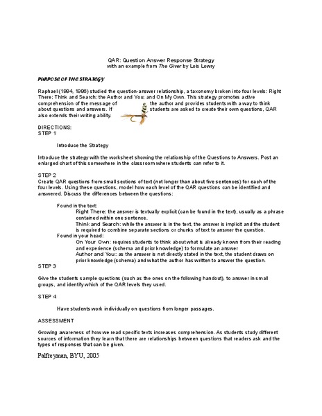 Touching Spirit Bear: Question Answer Response Strategy Lesson Plan