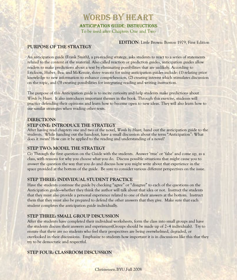 Words By Heart: Anticipation Guide Lesson Plan