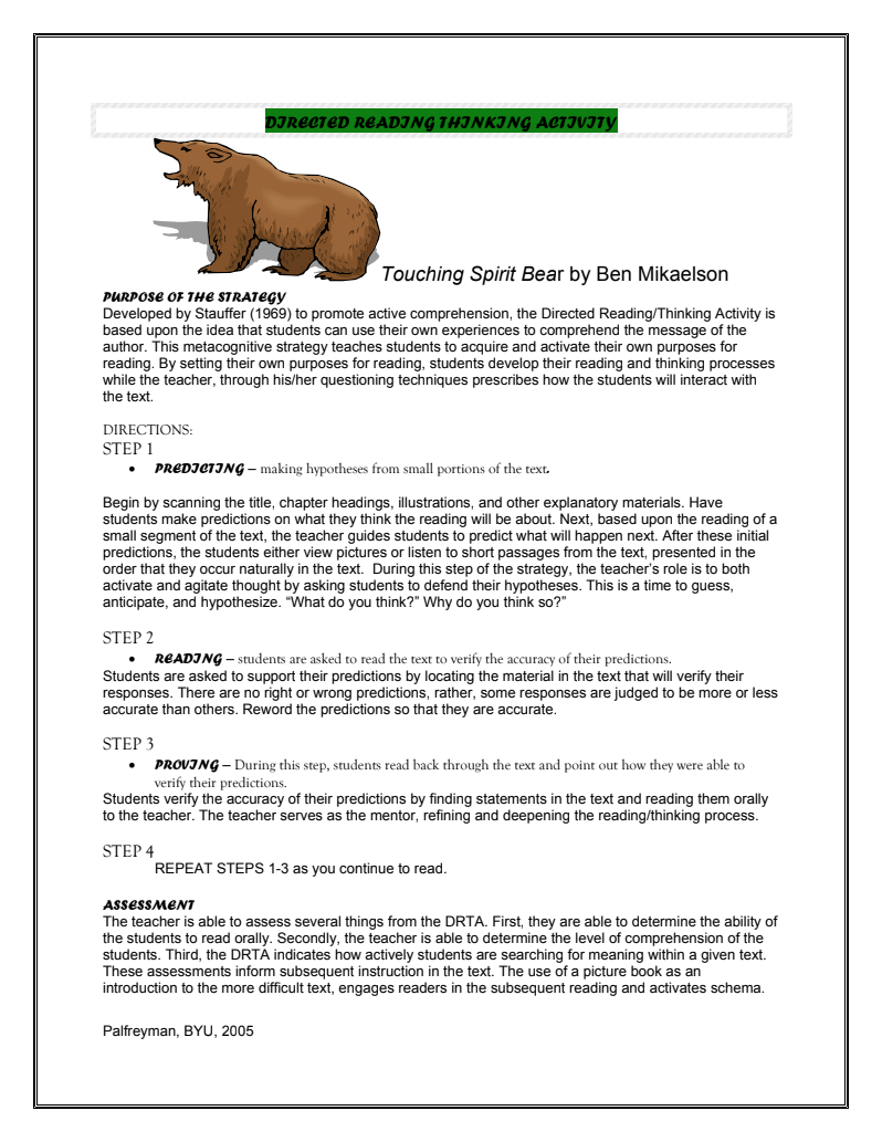 Touching Spirit Bear: Directed Reading Thinking Activity Activity