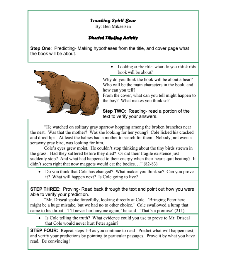 Touching Spirit Bear: Directed Thinking Activity Activity