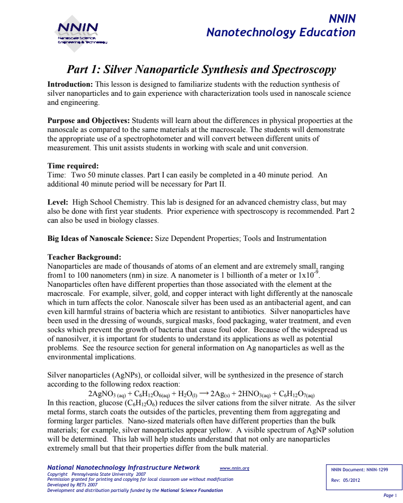 Silver Nanoparticle Synthesis and Spectroscopy Lesson Plan