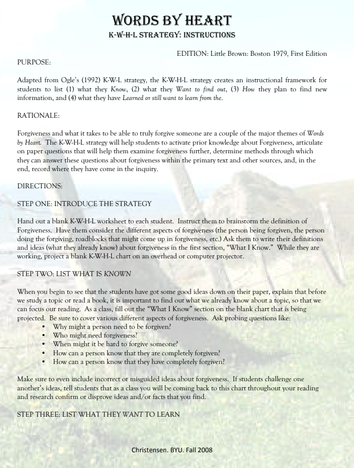 Words By Heart: K-W-H-L Strategy Lesson Plan
