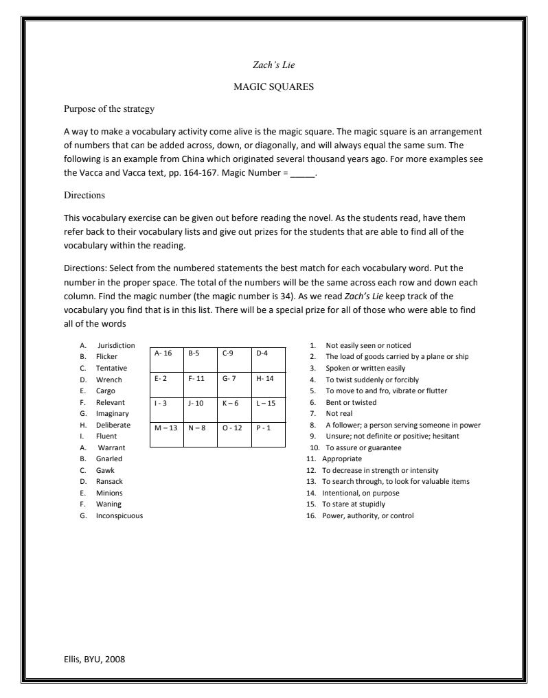 Zach’s Lie: Magic Squares Worksheet