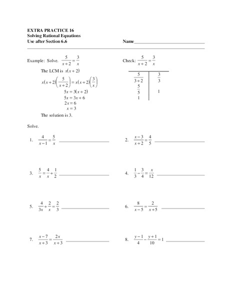 Solving Rational Equations Worksheet