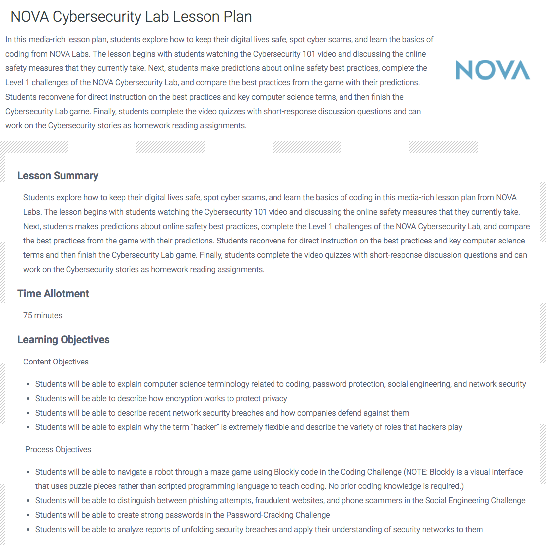 NOVA Cybersecurity Lab Lesson Plan Lesson Plan