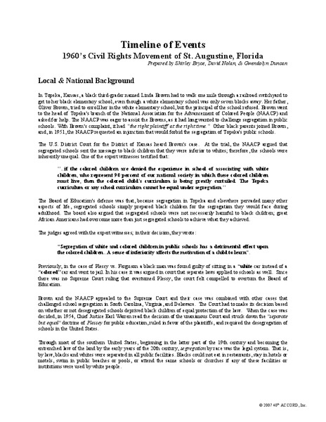 Timeline of Events: 1960’s Civil Rights Movement of St. Augustine, Florida Handout
