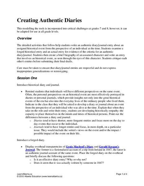 Creating Authentic Diaries Lesson Plan