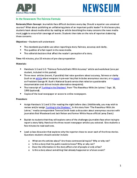 In the Newsroom: The Fairness Formula Lesson Plan