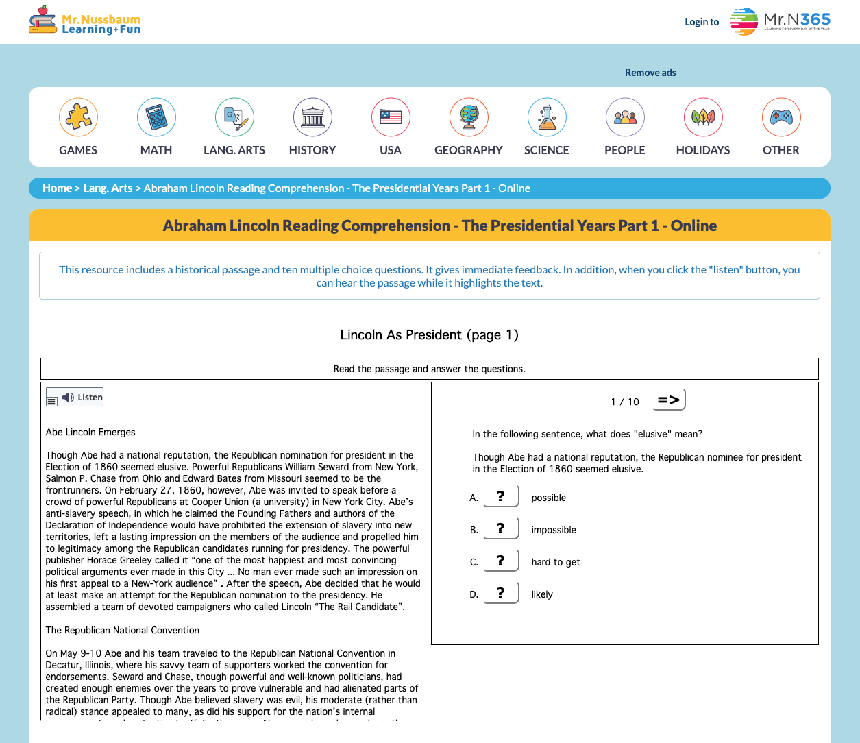 Abraham Lincoln Reading Comprehension—The Presidential Years (Part 1) Interactive