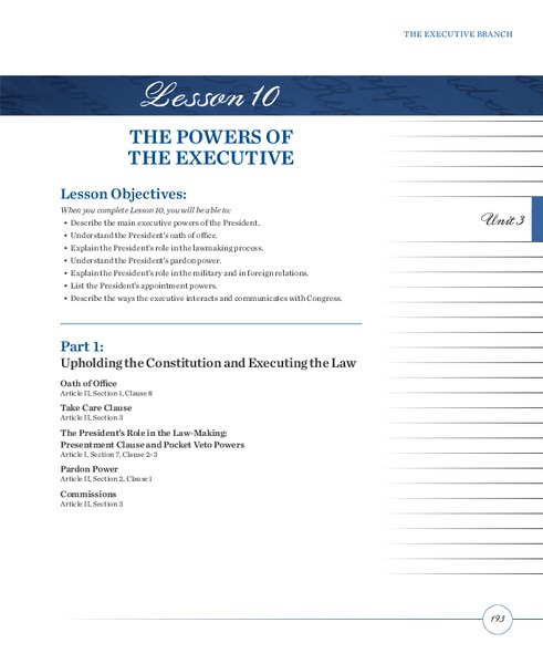The Powers of the Executive Lesson Plan