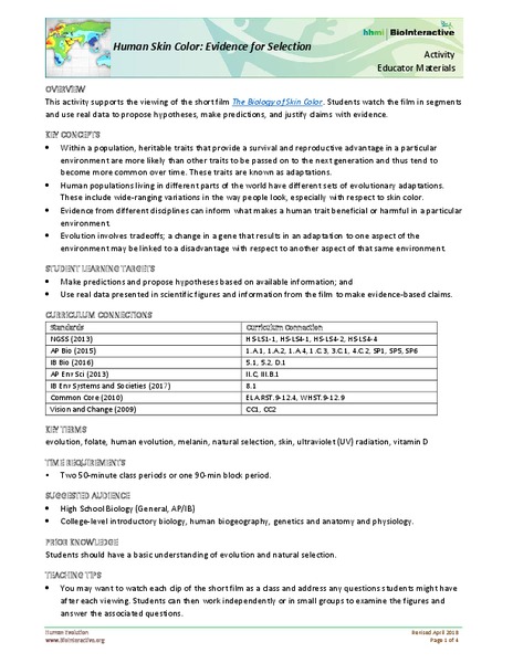 Human Skin Color: Evidence for Selection Lesson Plan