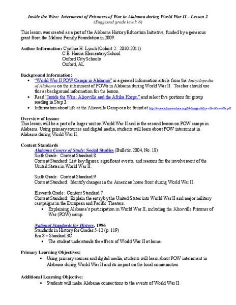 Inside the Wire: Internment of Prisoners of War in Alabama during World War II Lesson Plan