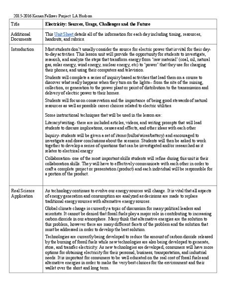 Electricity: Sources, Usage, Challenges, and the Future Lesson Plan