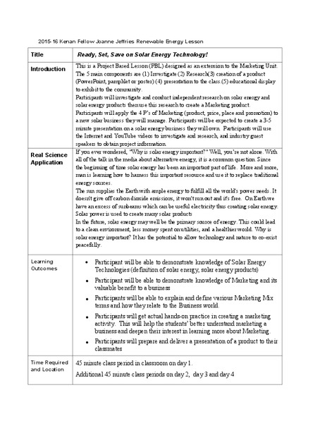 Ready, Set, Save on Solar Energy Technology! Lesson Plan