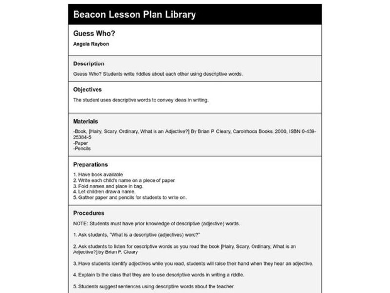 Guess Who? Lesson Plan