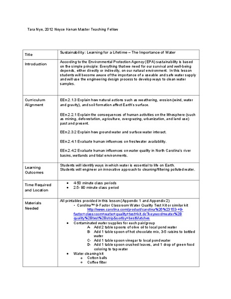 Sustainability: Learning for a Lifetime – The Importance of Water Lesson Plan