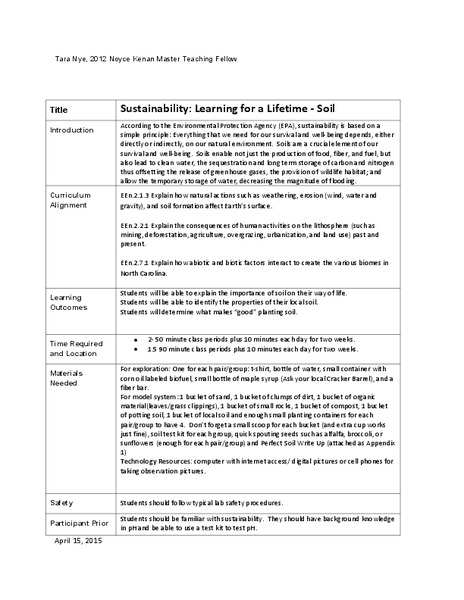 Sustainability: Learning for a Lifetime – Soil Lesson Plan