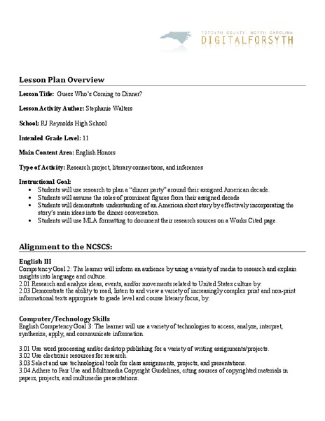 Guess Who's Coming to Dinner? Lesson Plan