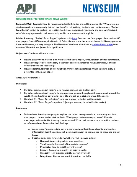 Newspapers in Your Life: What’s News Where? Lesson Plan