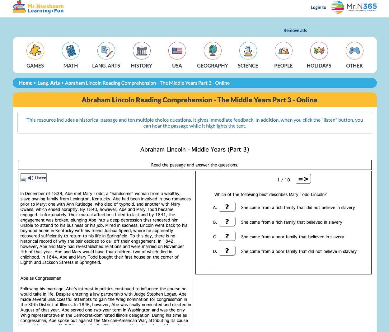 Abraham Lincoln Reading Comprehension—The Middle Years (Part 3) Interactive