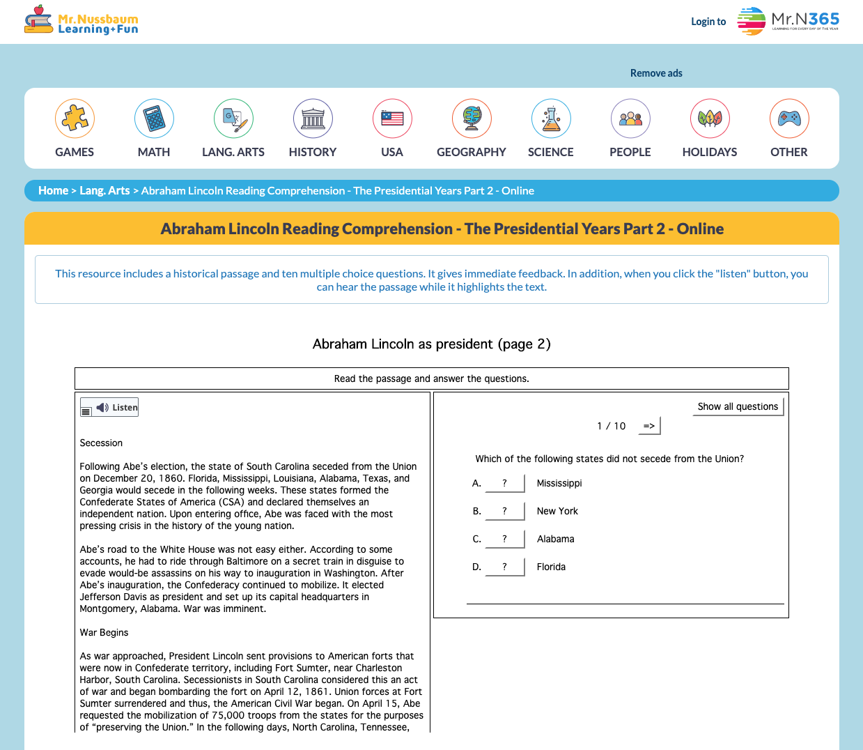 Abraham Lincoln Reading Comprehension—The Presidential Years (Part 2) Interactive