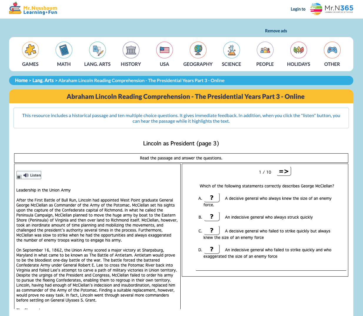 Abraham Lincoln Reading Comprehension—The Presidential Years (Part 3) Interactive