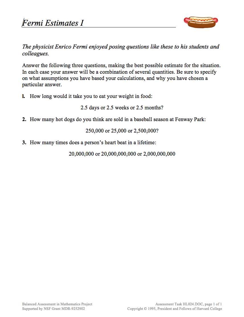 Fermi Estimates I Assessment