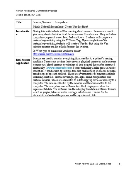 Sensors, Sensors…..Everywhere! Middle School Meteorologist Create Weather Bots! Lesson Plan