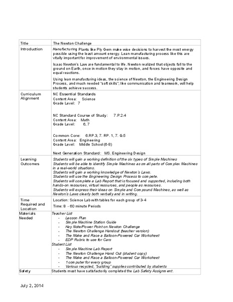 The Newton Challenge Lesson Plan