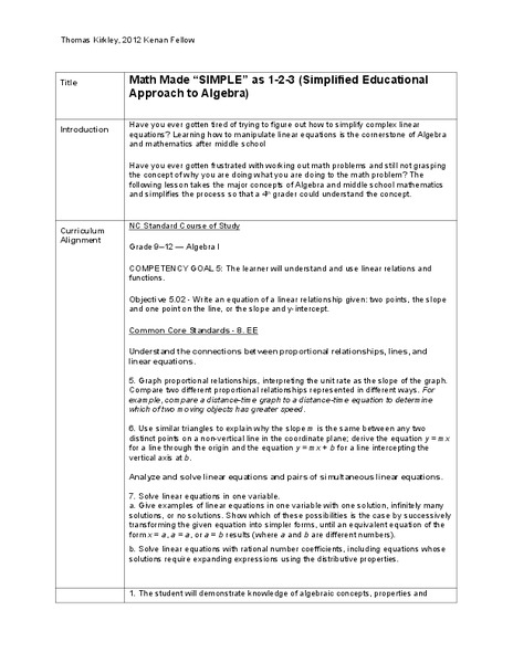Math Made Simple as 1-2-3: Simplified Educational Approach to Algebra Lesson Plan