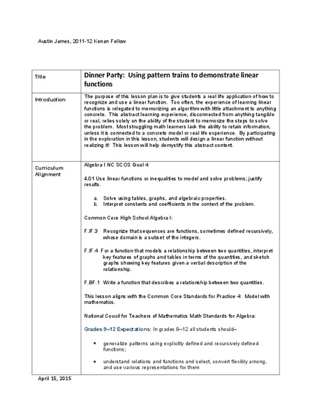 Dinner Party: Using Pattern Trains to Demonstrate Linear Functions Lesson Plan